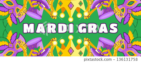 Green Mardi Gras Festival Banner with Carnival Masks, Crowns, Hats and Festive Costumes, Luxury Celebration Background 136131758