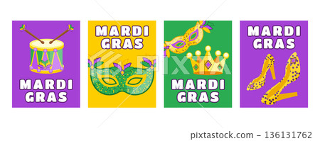 Mardi Gras vertical carnival banners and greeting cards with drum, mask, shoes, crown and feathers 136131762