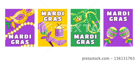 Mardi Gras vertical festival banners and greeting cards with carnival costumes, shoes, confetti, masks and beads 136131763