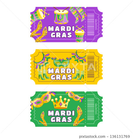 Mardi Gras Festival Ticket Set with Masks, Drums, Crown, Costume Shoes and Feathers Mardi Gras Festival Ticket Set with Masks, Drums, Crown, Costume Shoes and Feathers 136131769