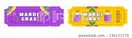 Mardi Gras Carnival Ticket Set with Costumes, Drums, Jester Symbols, Confetti and Feathers Mardi Gras Carnival Ticket Set with Costumes, Drums, Jester Symbols, Confetti and Feathers 136131770