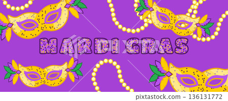 Purple Mardi Gras Carnival Banner with Masks, Beads and Confetti, Festive Masquerade Background Purple Mardi Gras Carnival Banner with Masks, Beads and Confetti, Festive Masquerade Background 136131772