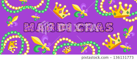 Purple Mardi Gras Festival Banner with Beads, Crowns and Jester Symbol, Classic Carnival Celebration Purple Mardi Gras Festival Banner with Beads, Crowns and Jester Symbol, Classic Carnival Celebration 136131773