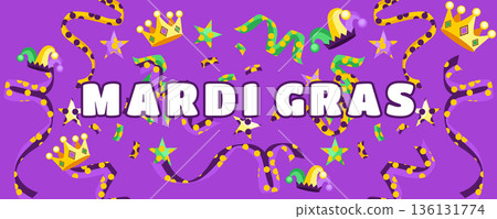 Purple Mardi Gras Carnival Banner with Crowns, Jester Hat and Confetti, Royal Festive Celebration 136131774