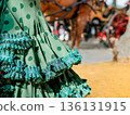 Close up of a green polka dot flamenco dress at Seville Fair 136131915