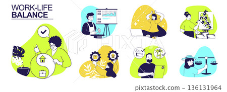 Work-Life balance concept set for web design. Collection with people keep job and home in harmony, balancing career and family, managing stress, lifestyle and mental health. Vector illustration. Work-Life balance concept set for web design. Collection with people keep job and home in harmony, balancing career and family, managing stress, lifestyle and mental health. Vector illustration. 136131964