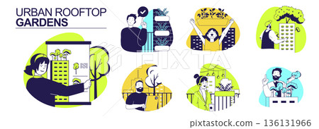 Urban rooftop gardens concept set for web design. Collection with people gardening at balcony and house spaces, growing plants in containers, creating urban jungle at terraces. Vector illustration. Urban rooftop gardens concept set for web design. Collection with people gardening at balcony and house spaces, growing plants in containers, creating urban jungle at terraces. Vector illustration. 136131966