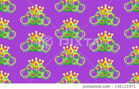 Mardi Gras Seamless Carnival Pattern with Feather Mask, Crown and Beads Mardi Gras Seamless Carnival Pattern with Feather Mask, Crown and Beads 136131971