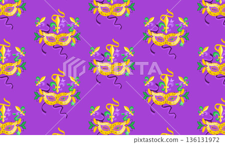 Mardi Gras Carnival Seamless Pattern with Feather Mask, Jester Symbol and Confetti Mardi Gras Carnival Seamless Pattern with Feather Mask, Jester Symbol and Confetti 136131972