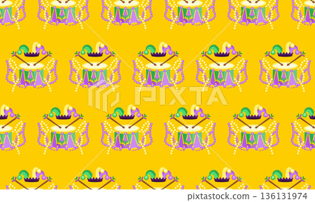 Mardi Gras Carnival Seamless Pattern with Drums, Jester Hat and Confetti 136131974
