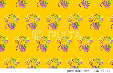Mardi Gras Seamless Pattern with Feather Mask, Crown, Jester Symbol and Confetti Mardi Gras Seamless Pattern with Feather Mask, Crown, Jester Symbol and Confetti 136131975