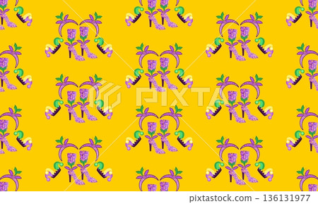 Mardi Gras Carnival Seamless Pattern with Festival Shoes, Headwear, Costume and Jester Hat Mardi Gras Carnival Seamless Pattern with Festival Shoes, Headwear, Costume and Jester Hat 136131977