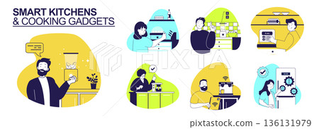 Smart kitchens and Cooking gadgets concept set for web design. Collection with people use blender, egg cooker, coffee machine, other appliance with wireless and interface in app. Vector illustration. 136131979