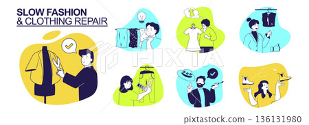 Slow fashion and Clothing repair concept set for web design. Collection with people sewing apparels, upcycling fabric, choosing eco clothes and textiles, reusing and recycling. Vector illustration. Slow fashion and Clothing repair concept set for web design. Collection with people sewing apparels, upcycling fabric, choosing eco clothes and textiles, reusing and recycling. Vector illustration. 136131980