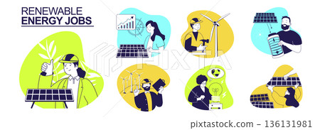 Renewable energy jobs concept set for web design. Collection with people work as technicians at wind turbines or solar panels stations, analyzing and controlling energy factory. Vector illustration. Renewable energy jobs concept set for web design. Collection with people work as technicians at wind turbines or solar panels stations, analyzing and controlling energy factory. Vector illustration. 136131981