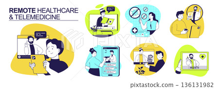 Remote healthcare and Telemedicine concept set for web design. Collection with people get doctor consultation by video call, chat with clinic online for diagnosis and treatment. Vector illustration. 136131982