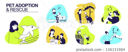 Pet adoption and rescue protection concept set for web design. Collection with people saving dolphins, taking to home cats and dogs from shelters, protect and caring other animal. Vector illustration. Pet adoption and rescue protection concept set for web design. Collection with people saving dolphins, taking to home cats and dogs from shelters, protect and caring other animal. Vector illustration. 136131984