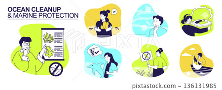 Ocean cleanup and marine protection concept set for web design. Collection with people researching sea ecosystem, gathering plastic trash in water, saving dolphins and wildlife. Vector illustration. Ocean cleanup and marine protection concept set for web design. Collection with people researching sea ecosystem, gathering plastic trash in water, saving dolphins and wildlife. Vector illustration. 136131985