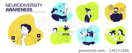 Neurodiversity awareness concept set for web design. Collection with people having neurology diversity, autism and adhd, sensitivity, representing unique mental differences. Vector illustration. Neurodiversity awareness concept set for web design. Collection with people having neurology diversity, autism and adhd, sensitivity, representing unique mental differences. Vector illustration. 136131986