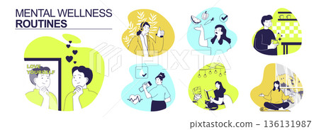 Mental wellness routines concept set for web design. Collection with people practice self acceptance and love yourself, listen music, eat healthy diet, do hobby, meditating. Vector illustration. Mental wellness routines concept set for web design. Collection with people practice self acceptance and love yourself, listen music, eat healthy diet, do hobby, meditating. Vector illustration. 136131987