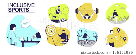 Inclusive sports concept set for web design. Collection with people in wheelchair playing chess or ball, blind person doing bodybuilding, training with prosthesis legs, cycling. Vector illustration. 136131989