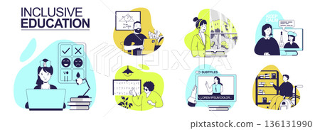 Inclusive education concept set for web design. Collection with people in wheelchair learning learning online, blind person reads braille, deaf person watch lesson with subtitles. Vector illustration. 136131990