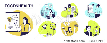 Food and Health concept set for web design. Collection with people plan healthy diet, dietitian research nutrients, shopping in grocery with lists, choosing vegetables and fruits. Vector illustration. 136131993