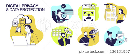 Digital privacy and Data protection concept set for web design. Collection with people protecting personal information, using safety access with passwords and biometric scans. Vector illustration. Digital privacy and Data protection concept set for web design. Collection with people protecting personal information, using safety access with passwords and biometric scans. Vector illustration. 136131997