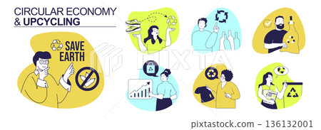 Circular economy and upcycling concept set for web design. Collection with people save Earth awareness, reusing clothes and crafting, sorting and recycling waste, reduce garbage. Vector illustration. Circular economy and upcycling concept set for web design. Collection with people save Earth awareness, reusing clothes and crafting, sorting and recycling waste, reduce garbage. Vector illustration. 136132001
