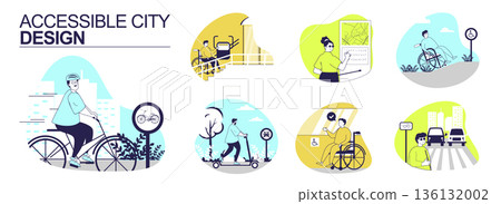 Accessible city design concept set for web design. Collection with people cycling on roads, kick scooter riding, using wheelchair ramp or elevator, going on blind person pathway. Vector illustration. Accessible city design concept set for web design. Collection with people cycling on roads, kick scooter riding, using wheelchair ramp or elevator, going on blind person pathway. Vector illustration. 136132002
