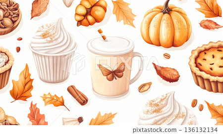 White background with a pattern of food items including a cupcake, a pastry White background with a pattern of food items including a cupcake, a pastry 136132134