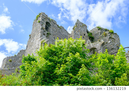 Low Angle View of Medieval Castle Stone Walls in Carlingford, Ireland Low Angle View of Medieval Castle Stone Walls in Carlingford, Ireland 136132219