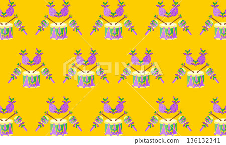 Mardi Gras Carnival Seamless Pattern with Drums, Maracas and Festival Costume Mardi Gras Carnival Seamless Pattern with Drums, Maracas and Festival Costume 136132341