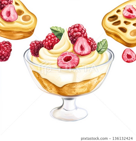 Glass bowl with a white cream and strawberries 136132424