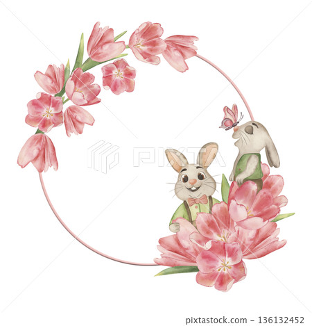 Watercolor Easter bunny wreath with pink tulips for kids. Hand-drawn botanical frame for greeting cards, invitations. Cute baby rabbits illustration, festive spring floral art, garden animal border Watercolor Easter bunny wreath with pink tulips for kids. Hand-drawn botanical frame for greeting cards, invitations. Cute baby rabbits illustration, festive spring floral art, garden animal border 136132452