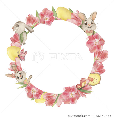 Watercolor Easter bunny wreath with spring tulips, eggs, butterflies. Hand-drawn botanical frame for greeting cards, invitations. Cute garden rabbits illustration, festive seasonal floral art 136132453
