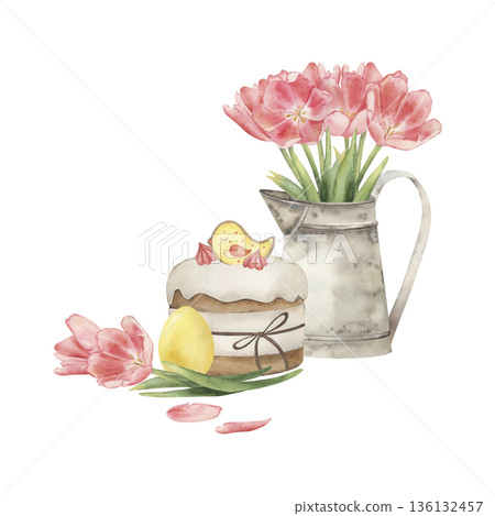 Watercolor Easter food composition with cake, pink tulips in pitcher, egg. Hand-drawn botanical illustration for greeting cards, posters. Cute spring floral clip art, festive holiday home decor Watercolor Easter food composition with cake, pink tulips in pitcher, egg. Hand-drawn botanical illustration for greeting cards, posters. Cute spring floral clip art, festive holiday home decor 136132457