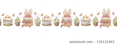 Watercolor Easter seamless border with cake, cupcake, butterfly. Hand-drawn botanical illustration for ribbon, tape, frame. Sweet spring food fringe, holiday bakery art, decorative stripe 136132463
