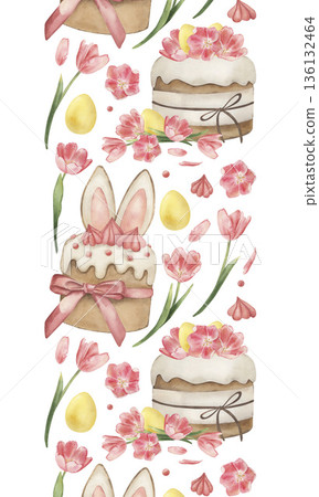 Watercolor Easter seamless vertical border with cake, tulip, egg. Hand-drawn botanical illustration for ribbon, tape, wall. Sweet spring food fringe, holiday bakery art, decorative floral stripe 136132464