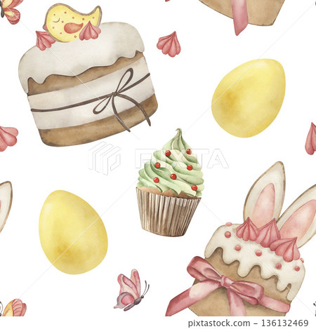 Watercolor Easter seamless pattern with cake, egg, cupcake, butterfly. Hand-drawn botanical illustration for textile, wallpaper, wrapping paper. Sweet spring food background, festive holiday art 136132469