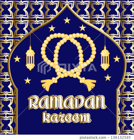 Ramadan Kareem greeting card with golden prayer beads, tasbih, stars, Islamic pattern and mosque, elegant religious banner 136132585