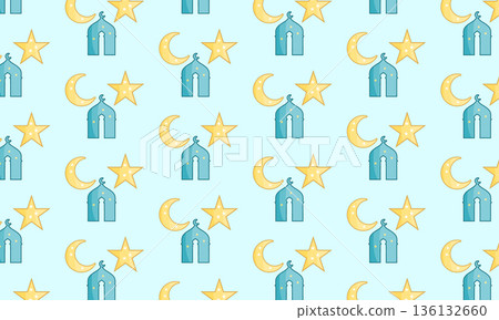Ramadan Kareem Seamless Pattern with Mosque, Star and Crescent Moon Ramadan Kareem Seamless Pattern with Mosque, Star and Crescent Moon 136132660
