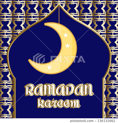 Ramadan Kareem greeting card with golden crescent moon, Islamic pattern and mosque, minimal religious banner 136132662
