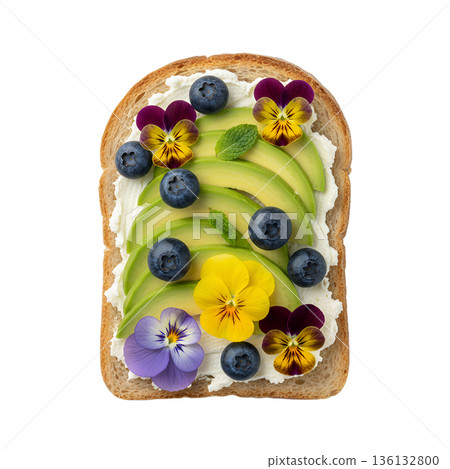 Artfully arranged gourmet avocado toast topped with fresh blueberries and vibrant edible pansy flowers on a rustic slice of bread Artfully arranged gourmet avocado toast topped with fresh blueberries and vibrant edible pansy flowers on a rustic slice of bread 136132800