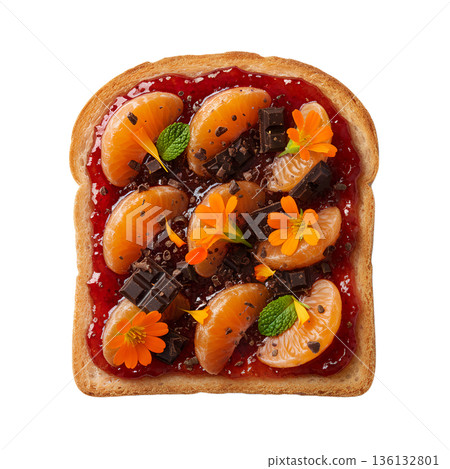 Decadent sweet toast topped with fresh orange segments, dark chocolate chunks, and a dollop of red berry jam for a luxurious dessert or brunch 136132801