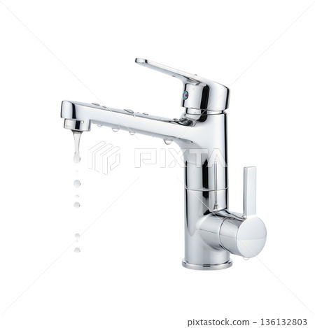 Clean, modern chrome or stainless steel kitchen faucet with a single water droplet about to fall, isolated for home improvement or plumbing ads 136132803