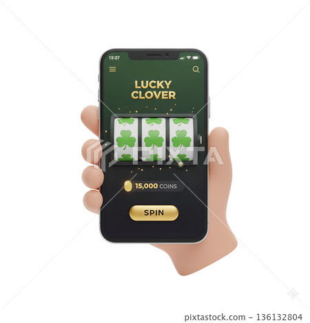 3d hand holds a smartphone displaying a vibrant "lucky clover" or slot machine game interface, representing mobile gaming and online casinos 136132804
