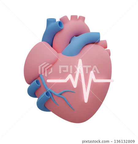 Cute 3d cartoon pink heart with a glowing heartbeat line above it, symbolizing life, health, love, medical care 136132809
