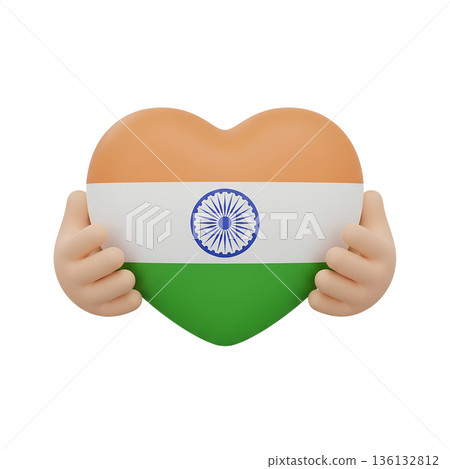 Cheerful 3d cartoon hands presenting a heart proudly colored like the indian flag, symbolizing patriotism and republic day pride Cheerful 3d cartoon hands presenting a heart proudly colored like the indian flag, symbolizing patriotism and republic day pride 136132812