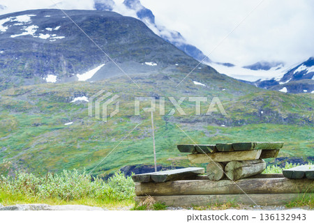 Camp site with picnic table in norwegian mountains Camp site with picnic table in norwegian mountains 136132943